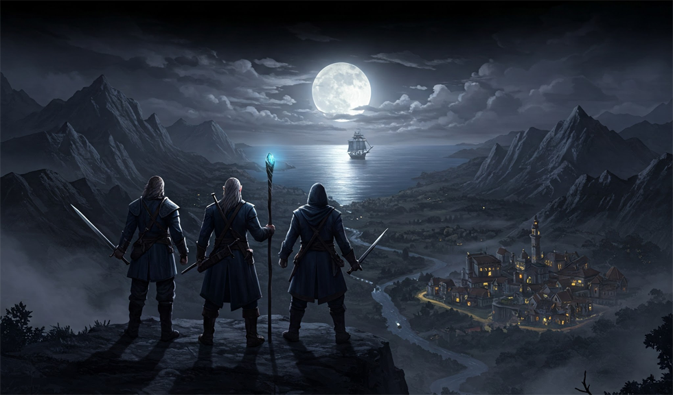 Epic scene of adventurers on a cliff looking down a valley toward the sea.